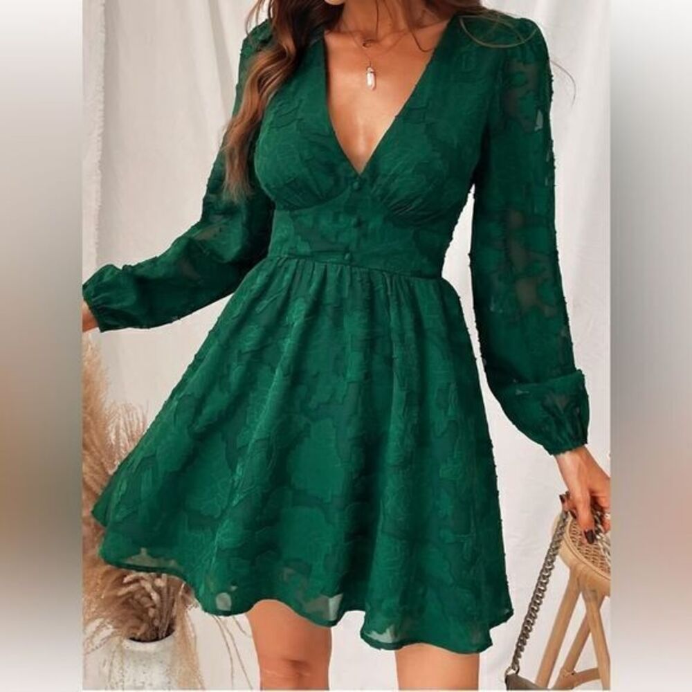 Cupshe Emerald Lace Mini Dress Long Sleeve Floral Print A Line Dress L RefCPS079